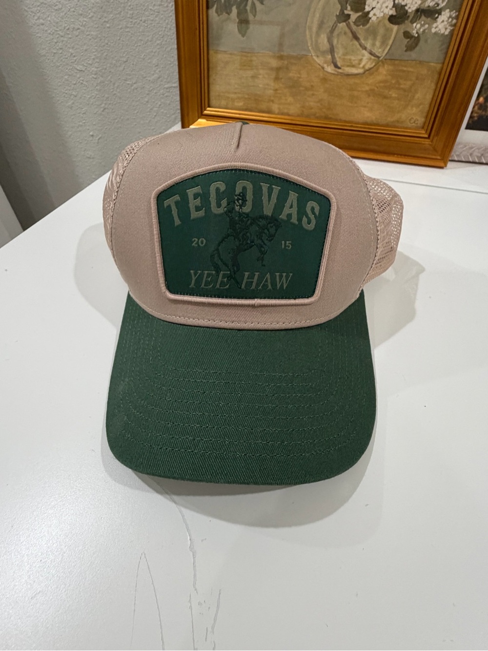 Tecovas Tan and Green Trucker Hat with Yee Haw Patch